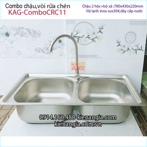 Combo chậu 2 hộc 78x43 cm vòi lạnh inox304 KAG-ComboCRC11