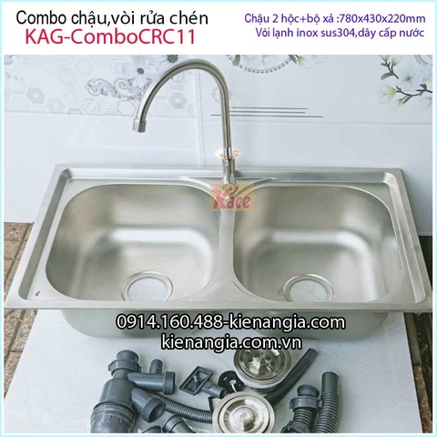 Combo chậu 2 hộc 78x43 cm vòi lạnh inox304 KAG-ComboCRC11