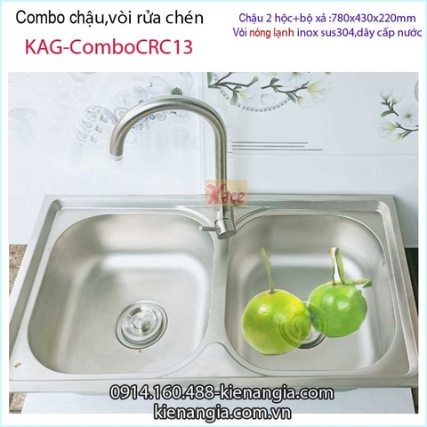 Combo chậu 2 hộc 78x43 cm vòi nóng lạnh inox 304 KAG-ComboCRC13