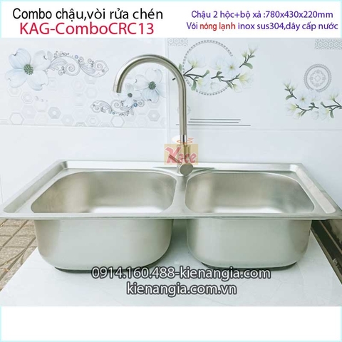 Combo chậu 2 hộc 78x43 cm vòi nóng lạnh inox 304 KAG-ComboCRC13