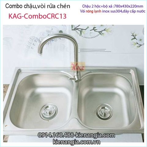 Combo chậu 2 hộc 78x43 cm vòi nóng lạnh inox 304 KAG-ComboCRC13