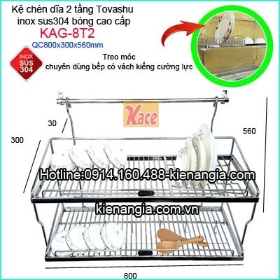 Kệ chén bát 80cm sus 304 2 tầng treo Tovashu KAG-8T2