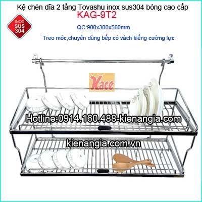 Kệ chén bát 90cm sus 304 2 tầng treo Tovashu- KAG-9T2