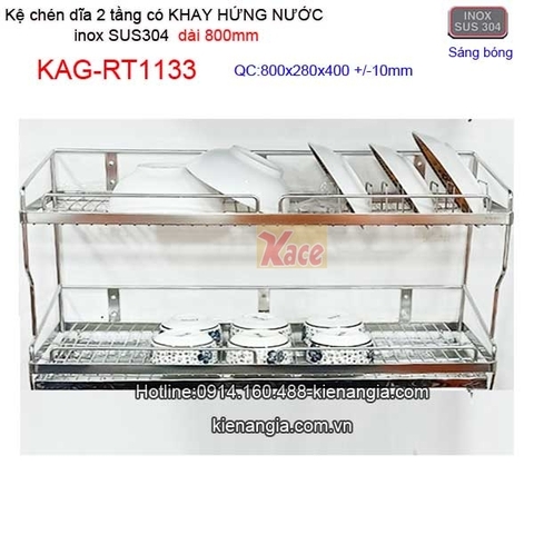 Kệ chén bát có khay hứng nước inox sus304 2 tầng dài 8 tấc KAG-RT1133