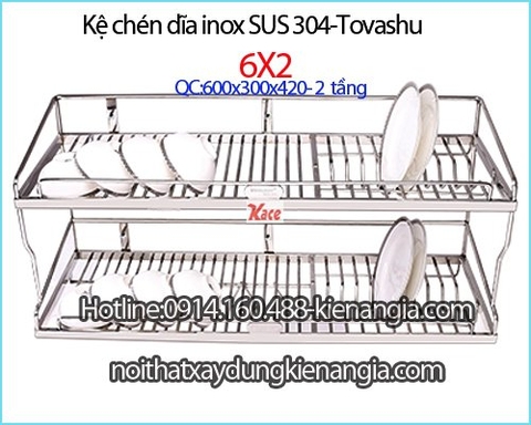 Kệ chén bát inox 304 2 tầng 60cm Tovashu KAG-6X2