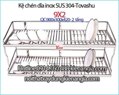 Kệ chén bát inox 304 2 tầng 90cm Tovashu KAG-9X2