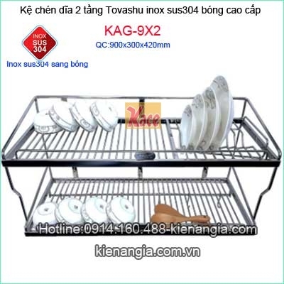 Kệ chén bát inox 304 2 tầng 90cm Tovashu KAG-9X2