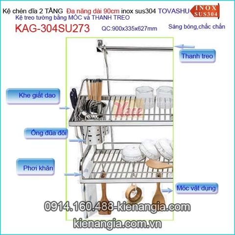 Kệ chén đa năng 2 tầng bếp ốp kính Tovashu sus304 90cm KAG-304SU273