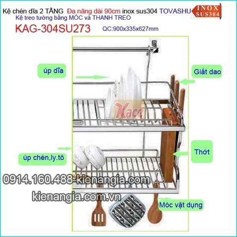 Kệ chén đa năng 2 tầng bếp ốp kính Tovashu sus304 90cm KAG-304SU273