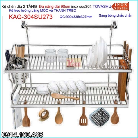 Kệ chén đa năng 2 tầng bếp ốp kính Tovashu sus304 90cm KAG-304SU273