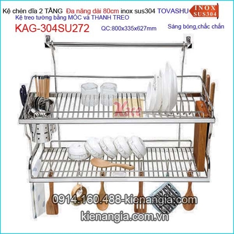 Kệ chén đa năng 2 tầng tủ bếp ốp kính Tovashu sus304 80cm KAG-304SU272