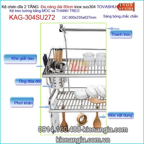 Kệ chén đa năng 2 tầng tủ bếp ốp kính Tovashu sus304 80cm KAG-304SU272