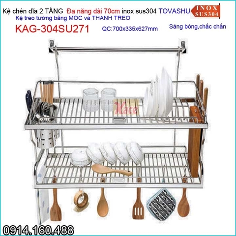 Kệ chén đa năng 2 tầng tủ bếp ốp kính Tovashu sus304 dài 70cm KAG-304SU271