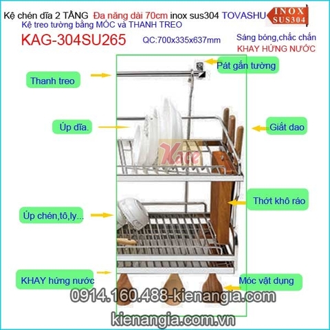 Kệ chén đa năng có khay 2 tầng bếp ốp kính Tovashu sus304 70cm KAG-304SU265