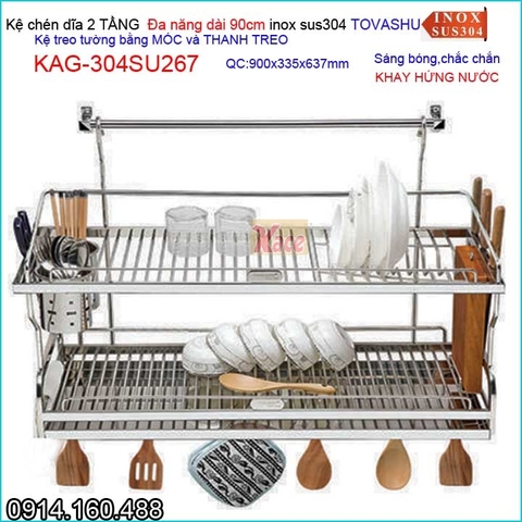 Kệ chén đa năng có khay 2 tầng tủ bếp ốp kính Tovashu sus304 dài 90cm KAG-304SU267