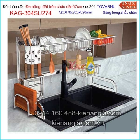 Kệ chén đa năng Tovashu đặt trên bồn rửa chén dài 67cm KAG-304SU274