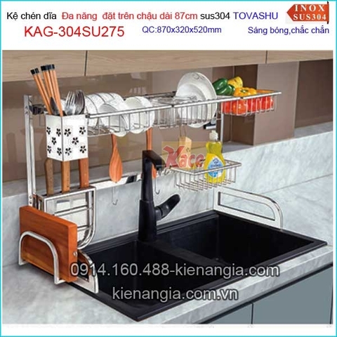 Kệ chén đa năng Tovashu đặt trên bồn rửa chén dài 87cm KAG-304SU275