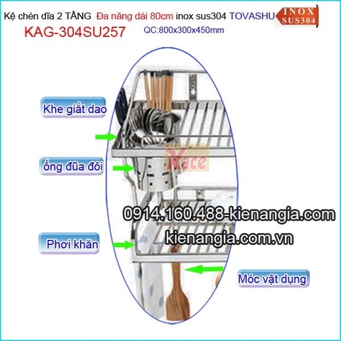 Kệ chén dao thớt ống đũa 2 tầng Tovashu sus304 80cm KAG-304SU257