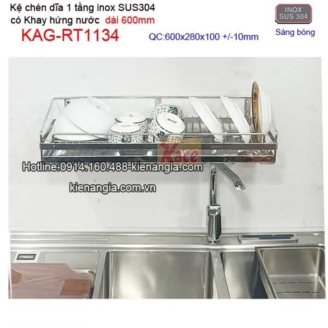 Kệ chén dĩa 1 tầng có khay hứng nước inox sus304 dài 6 tấc KAG-RT1134
