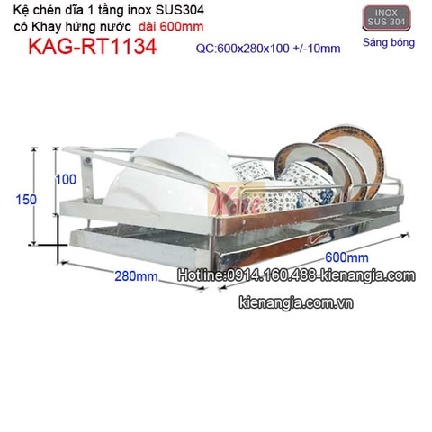 Kệ chén dĩa 1 tầng có khay hứng nước inox sus304 dài 6 tấc KAG-RT1134