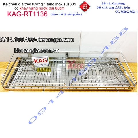 Kệ chén dĩa 1 tầng có khay hứng nước inox sus304 dài 8 tấc KAG-RT1136