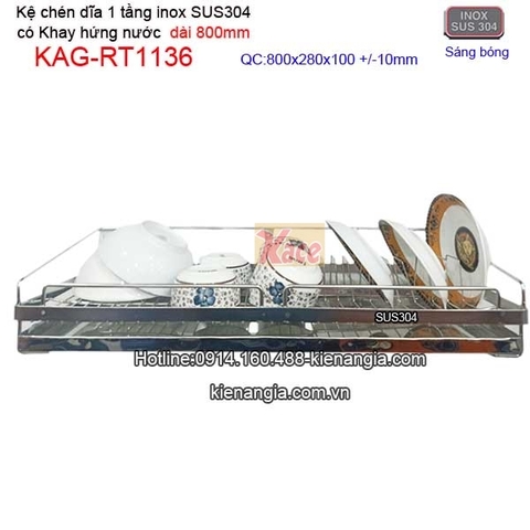 Kệ chén dĩa 1 tầng có khay hứng nước inox sus304 dài 8 tấc KAG-RT1136