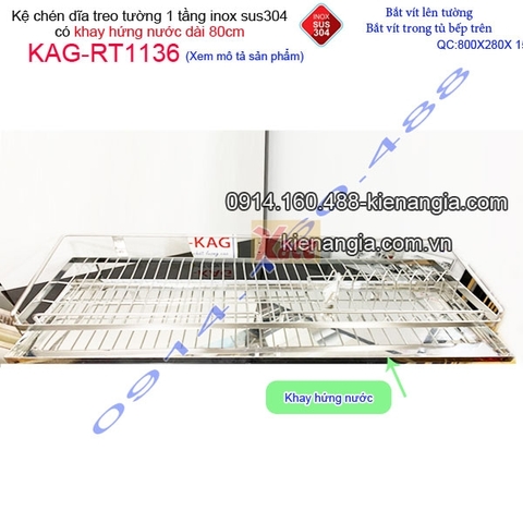 Kệ chén dĩa 1 tầng có khay hứng nước inox sus304 dài 8 tấc KAG-RT1136