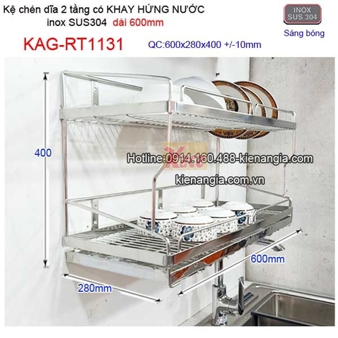 Kệ chén dĩa có khay hứng nước inox sus304 2 tầng dài 6 tấc KAG-RT1131