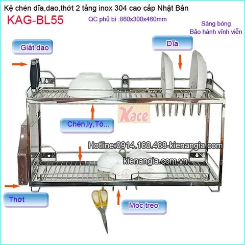 Kệ chén dĩa dao thớt 2 tầng treo tủ bếp 800 inox Nhật Bản KAG-BL55
