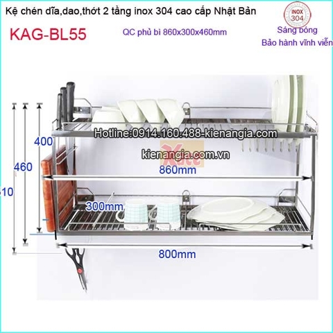 Kệ chén dĩa dao thớt 2 tầng treo tủ bếp 800 inox Nhật Bản KAG-BL55