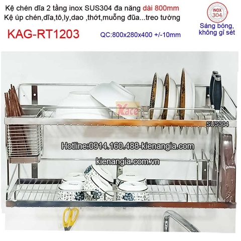 Kệ chén dĩa dao thớt ống đũa dài 800 inix sus304 2 tầng KAG-RT1203
