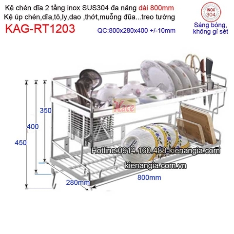 Kệ chén dĩa dao thớt ống đũa dài 800 inix sus304 2 tầng KAG-RT1203