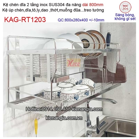 Kệ chén dĩa dao thớt ống đũa dài 800 inix sus304 2 tầng KAG-RT1203