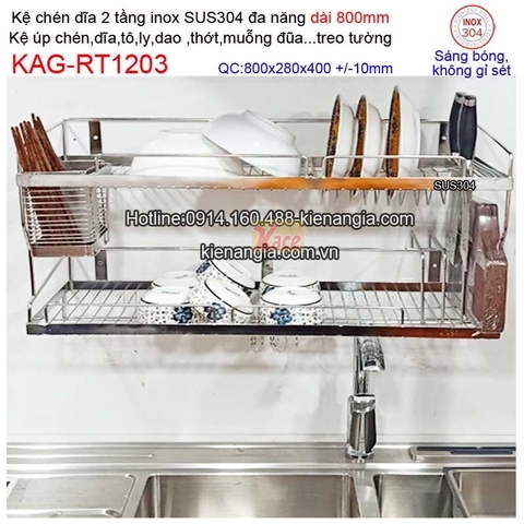 Kệ chén dĩa dao thớt ống đũa dài 800 inix sus304 2 tầng KAG-RT1203