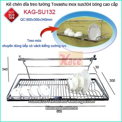 Kệ chén đĩa inox 304 Tovashu cao cấp dài 80cm treo móc KAG-SU132