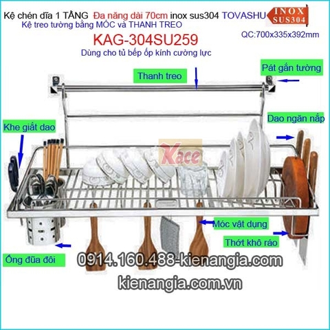 Kệ chén Tovashu 1 tầng đa năng móc treo tủ bếp kính cường lực 70cm KAG-304SU259