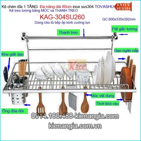 Kệ chén Tovashu 1 tầng đa năng móc treo tủ bếp kính cường lực 80cm KAG-304SU260