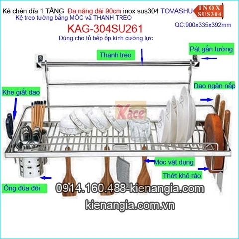 Kệ chén Tovashu 1 tầng đa năng móc treo tủ bếp kính cường lực 90cm KAG-304SU261