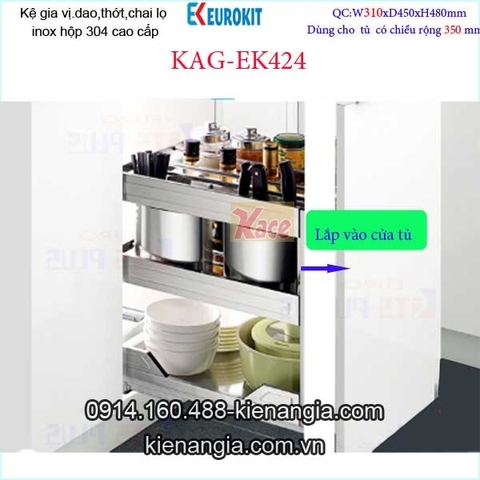 Kệ gia vị inox hộp âm tủ 35cm EUROKITS KAG-EK424, khuyến mãi phí lắp đặt TPHCM