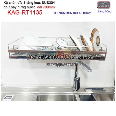 Kệ ráo chén dĩa 1 tầng có khay hứng nước inox sus304 dài 7 tấc KAG-RT1135