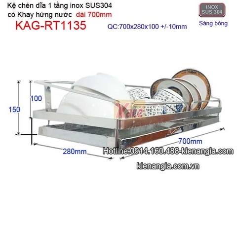 Kệ ráo chén dĩa 1 tầng có khay hứng nước inox sus304 dài 7 tấc KAG-RT1135