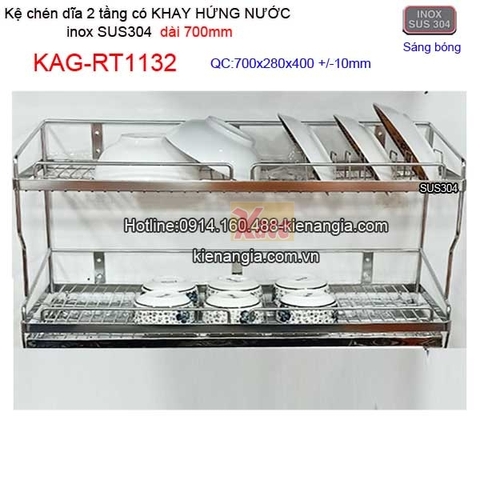 Kệ ráo chén dĩa có khay hứng nước inox sus304 2 tầng dài 7 tấc KAG-RT1132