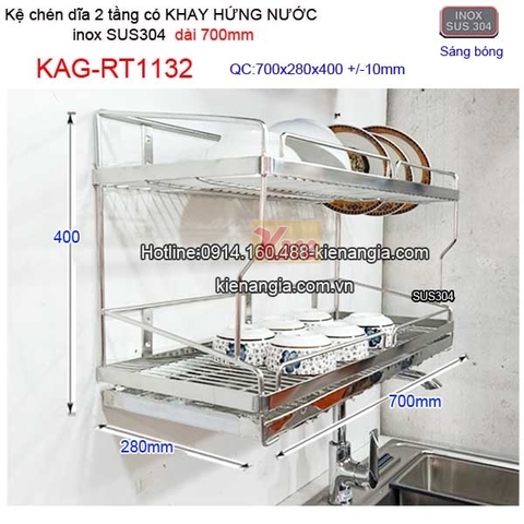 Kệ ráo chén dĩa có khay hứng nước inox sus304 2 tầng dài 7 tấc KAG-RT1132