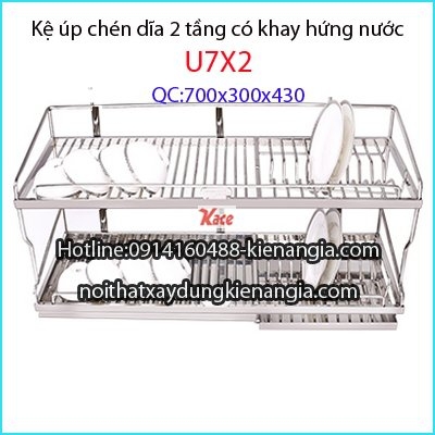Kệ úp bát đĩa 2 tầng 70 cm có khay hứng nước inox 304 Tovashu-U7X2