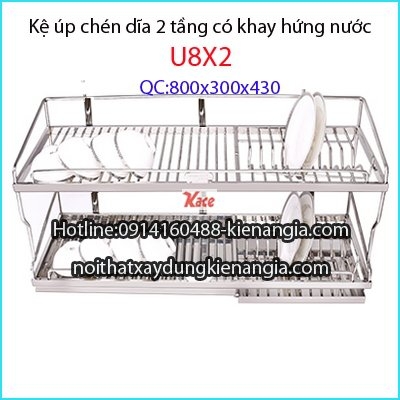 Kệ úp bát đĩa 2 tầng có khay hứng nước 80cm inox Tovashu 304-U8X2