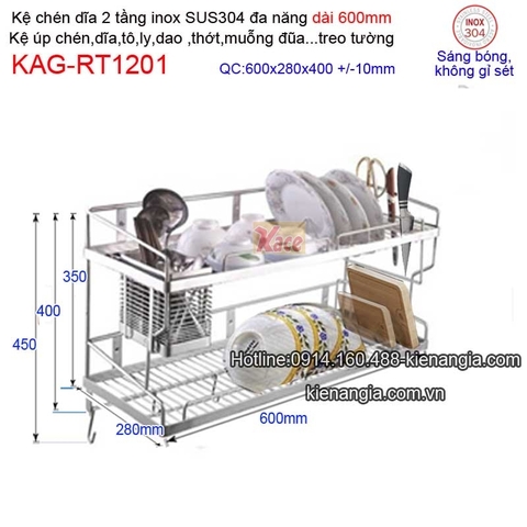 Kệ úp chén 2 tầng 600 treo tủ bếp inox 304 KAG-RT1201