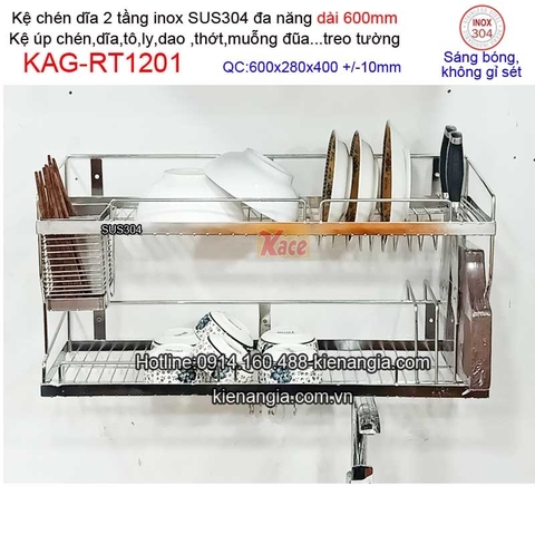 Kệ úp chén 2 tầng 600 treo tủ bếp inox 304 KAG-RT1201