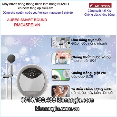 Máy nước nóng bơm siêu êm ARISTON-AURES SMART ROUND KAG-RMC45PE-VN