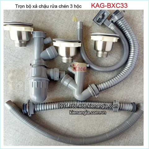 Trọn bộ xả chậu rửa chén 3 hộc inox 304 KAG-BXC33