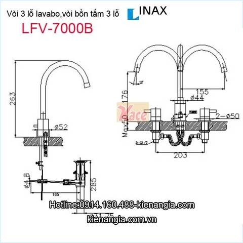 Vòi 3 lỗ lavabo âm bànvòi bồn tắm INAX LFV-7000B